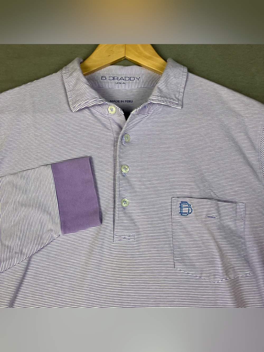 B. Draddy Men’s Size M Long Sleeve Golf Polo Shirt Striped Purple Pocket. In goo